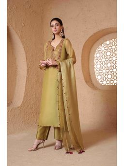 Label Niti Bothra - Mehrang Olive Green Heavy Neck Kurta with Pant and Inner