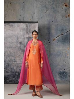 Label Niti Bothra - Mehrang Orange Straight Long Kurta with Pant and Dupatta