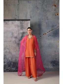 Label Niti Bothra - Mehrang Orange V Neck Short Kurta with Pant and Dupatta