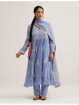 SAAYA THE LABEL - Naaz A-Line Yolk Blue Anarkali Kurta with Pant and Dupatta
