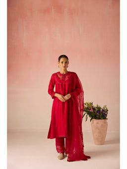 Pooja Singhal - Gulaab Bahaara Chanderi Silk Red Kurta with Pant and Dupatta
