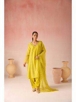 Pooja Singhal - Lime leaf Bahaara Chanderi Silk Kurta with Pant and Dupatta