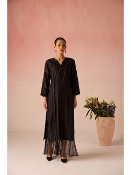 Pooja Singhal - Midnight Bahaara Chanderi Silk Black Kurta with Palazzo