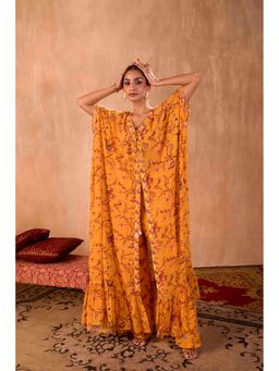 MEHAK MURPANA - Print Embroidered Yellow Long Kaftan with Pant