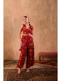 MEHAK MURPANA - Print Embroidered Red Peplum Top Pant with Drape and Belt