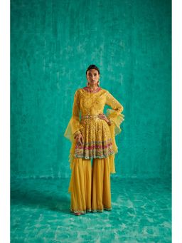 SHIAN - Patra and Pearl Embroidery Yellow Peplum Kurta with Sharara and Dupatta