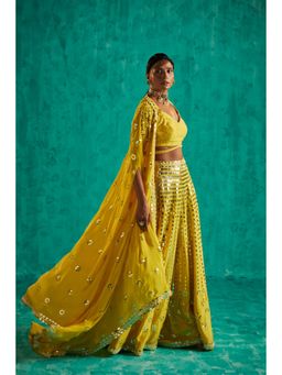 SHIAN - Striking Yellow Embellished with Patra and Pearls Blouse with Sharara and Cape