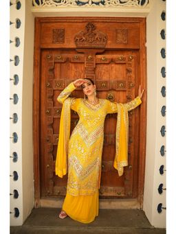 SHIAN - Vibrant Yellow Parisaa Long Kurta with Sharara and Dupatta