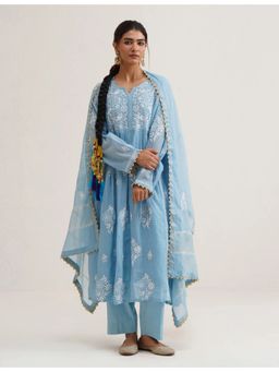 SAAYA THE LABEL - Saba A-Line Chikanakri Blue Anarkali with Pant and Dupatta
