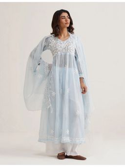SAAYA THE LABEL - Seher Chikankari Blue Anarkali with Pant and Dupatta