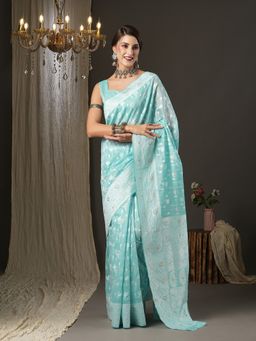 Akhilam - Womens Cotton Silk Turquoise Woven Design Designer Saree with Unstitched Blouse