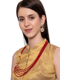 Shoshaa - Gold-Plated Red Kundan Handcrafted Necklace With Earrings