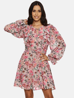 IS.U - Women Pink Floral Print Ruffled Swing Dress