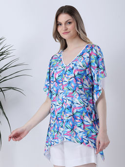 Qurvii - Blue Crepe Loose Fit Kaftan Top
