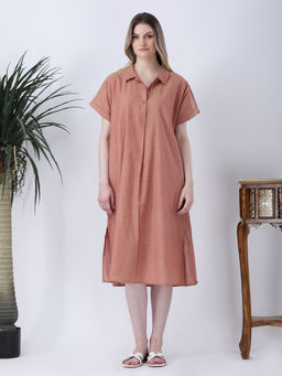 Qurvii - Orange Linen Loose Fit Dress