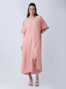 Qurvii - Peach Rayon Loose Fit Slit Hemline Dress
