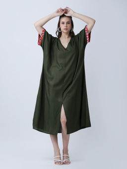 Qurvii - Olive Rayon Loose Fit Slit Hemline Dress
