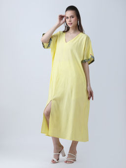Qurvii - Yellow Rayon Loose Fit Slit Hemline Dress