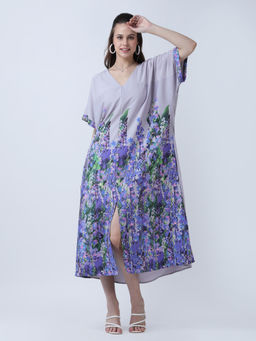 Qurvii - Purple Crepe Loose Fit Floral Dress