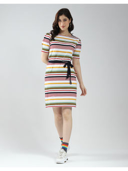 Monte Carlo - Womens Multi-Color Striped Round Neck Dress With Belt