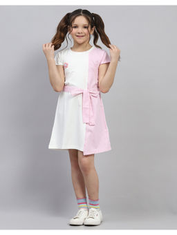 Monte Carlo - Girls Pink Striped Round Neck Half Sleeve Dress with Belt