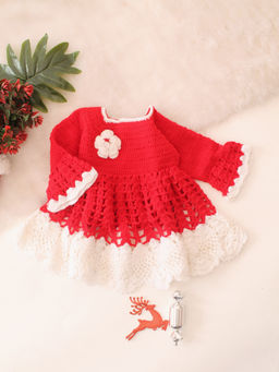Woonie - Girls Red Full Bell Sleeves Embroidered Crochet Tutu Dress