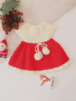 Woonie - Girls Red with White Christmas Theme Crochet Dress