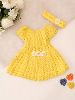 Woonie - Girls Yellow Hand Knitted Half Sleeves Crochet Dress with Headband