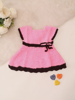 Woonie - Girls Pink Hand Knitted Cap Sleeves Bow Dress