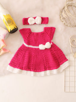Woonie - Girls Pink Bow Crochet Applique Detailed Dress with Headband