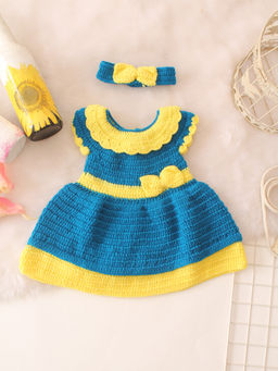 Woonie - Blue Bow Applique Detailed Dress with Headband