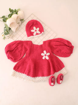 Woonie - Girls Pink Balloon Sleeve Crochet Dress with Cap & Booties (Set of 3)