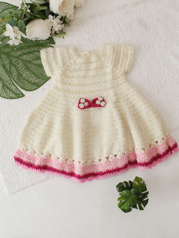 Woonie - Girls Cream Bow Detailed Dress