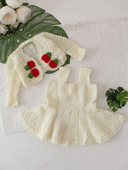 Woonie - Girls Cream Self Design Crochet Dress with Shrug