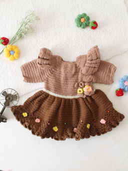 Woonie - Girls Brown Frill Sleeves Self Design Dress