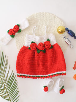 Woonie - Girls Red Self Design Dress with Cap & Booties (Set of 3)