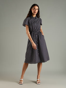 Tommy Hilfiger - Women Navy Blue Geometric Cotton Spread Collar Shirt Dress