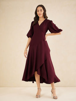 Femmella - Women Wine Wrap Ruffle Midi Dress