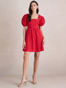 Femmella - Red Cotton Schiffli Square Neck Mini Dress