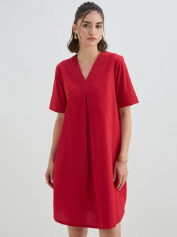 Femmella - Women Red Poplin A-Line Knee Length Dress