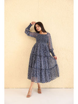 Polago Clothing - Women Navy Blue Lurex Smocked Midi Dress