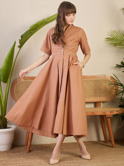 Uptownie - Women Beige Lite Corset Panelled Midi Dress