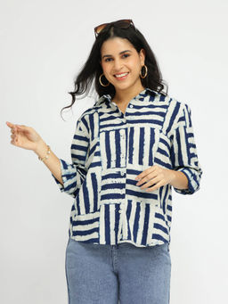 Pink Fort - Indigo Cotton Dabu Geometric Print Shirt