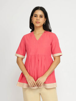 Pink Fort - Pink and Beige Cotton Solid Peplum Top