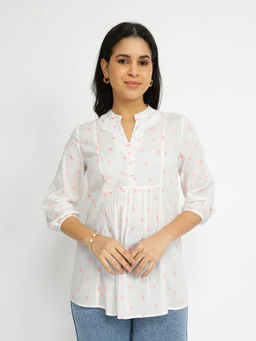 Pink Fort - White and Peach Cotton Woven Design Top