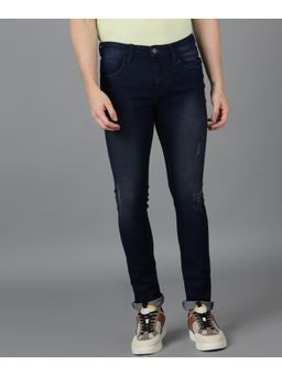 Urbano Fashion - Mens Navy Regular Fit Mild Distressed/torn Jeans Stretchable