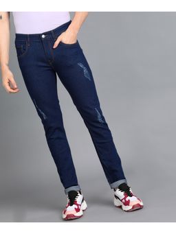 Urbano Fashion - Mens Dark Navy Slim Fit Washed Mild Distressed/torn Jeans Stretchable