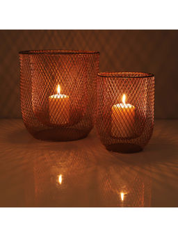HomeTown - Aruba Iron Floor Lantern In Rose Gold (Set of 2)