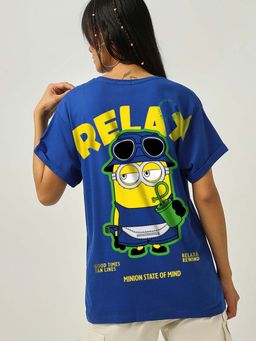 Bewakoof - Women's Blue Relax Minion Graphic Printed Boyfriend T-shirt