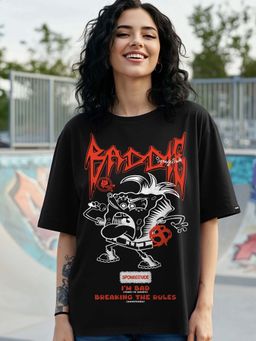 Bewakoof - Heavy Duty 1.0 SpongeBob Women's Black Baddies Graphic Printed Oversized T-shirt